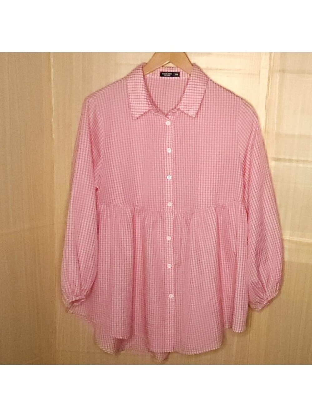 Shein Curve Womens Plus Pink White Gingham Seersucker Blouse 1X